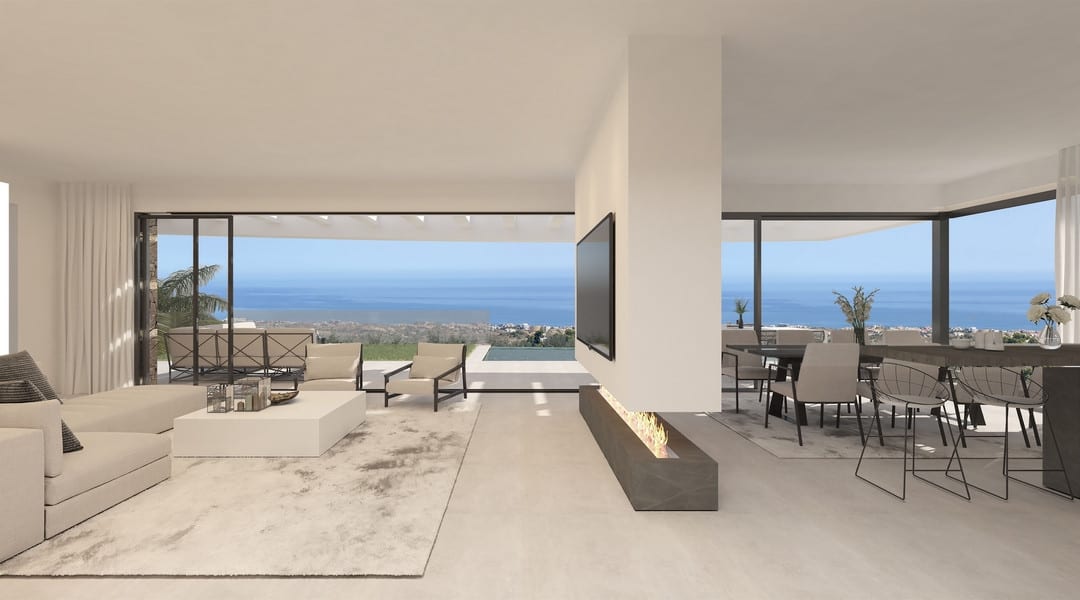 Visualisation of an open living and dining area divided by a fireplace, with sea views through the glazing.