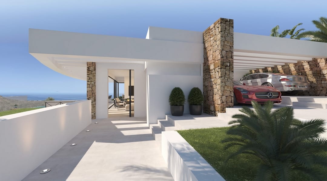 Entrance visualisation with steps, stone pillars and a covered parking area.