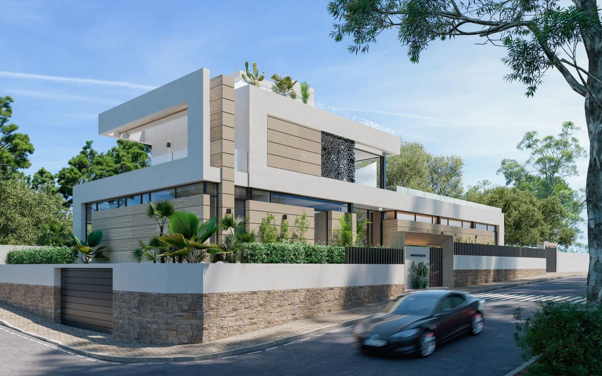 Project visualisation — VILLA LAS PALOMAS: Street-level view of the villa with white façades and a stone boundary wall.