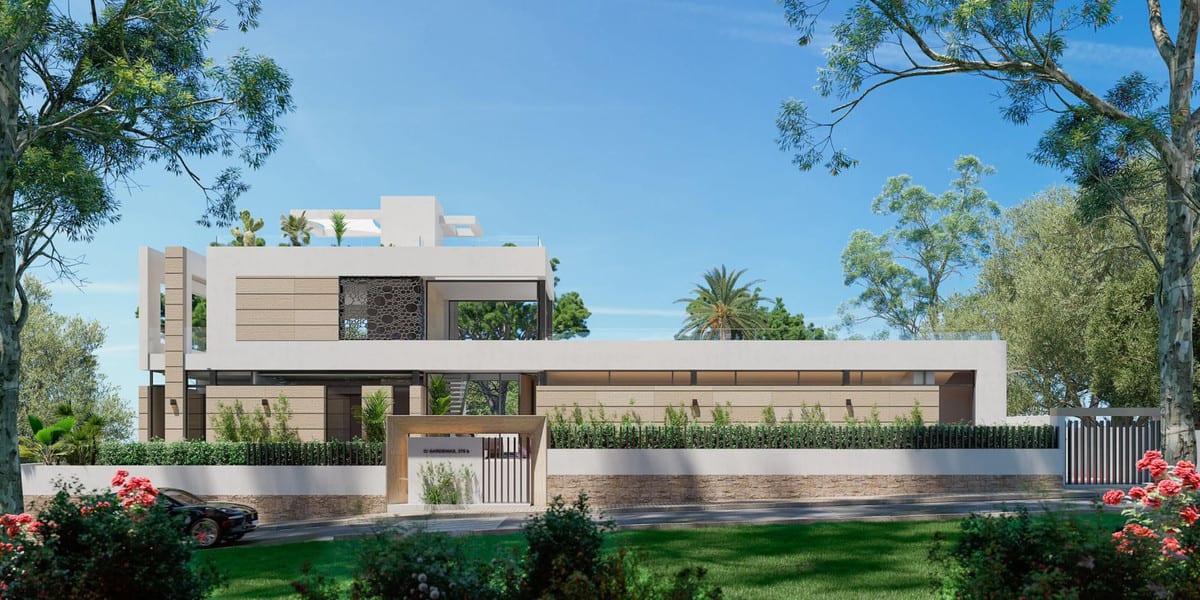 Project visualisation — VILLA LAS PALOMAS: Garden view of the long glazed façade and surrounding planting.