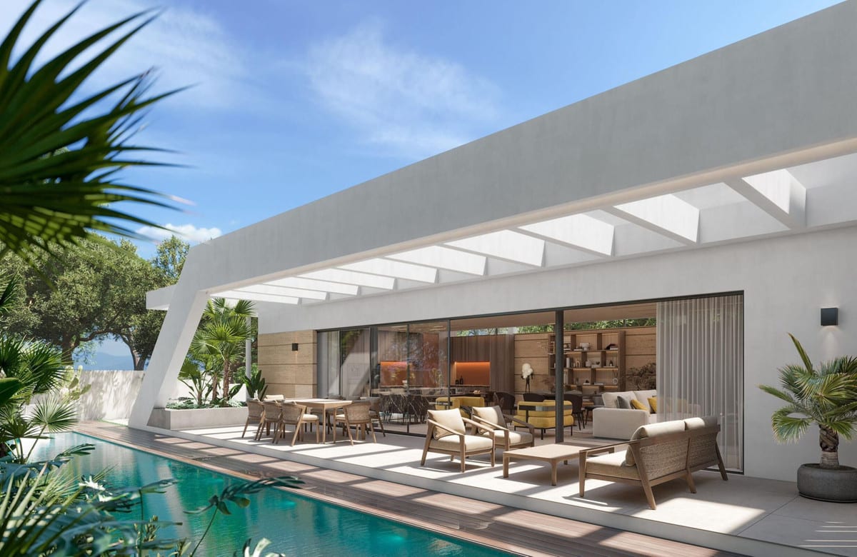 Project visualisation — VILLA LAS PALOMAS: Covered poolside terrace with dining and lounge seating.