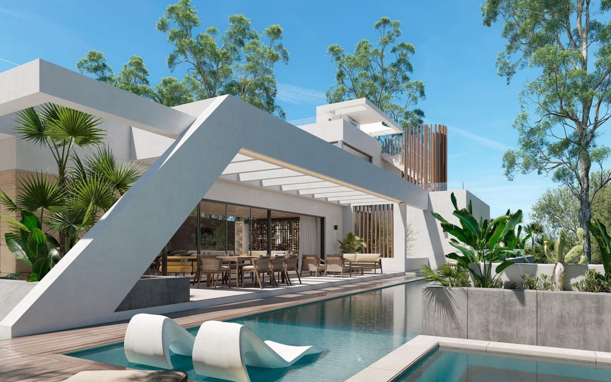 Project visualisation — VILLA LAS PALOMAS: Angular white frame above the pool and furnished terrace.