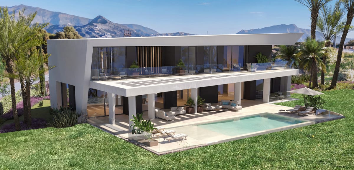 Exterior visualisation of VILLA LIRIA with a broad terrace beside the pool and surrounding garden planting.