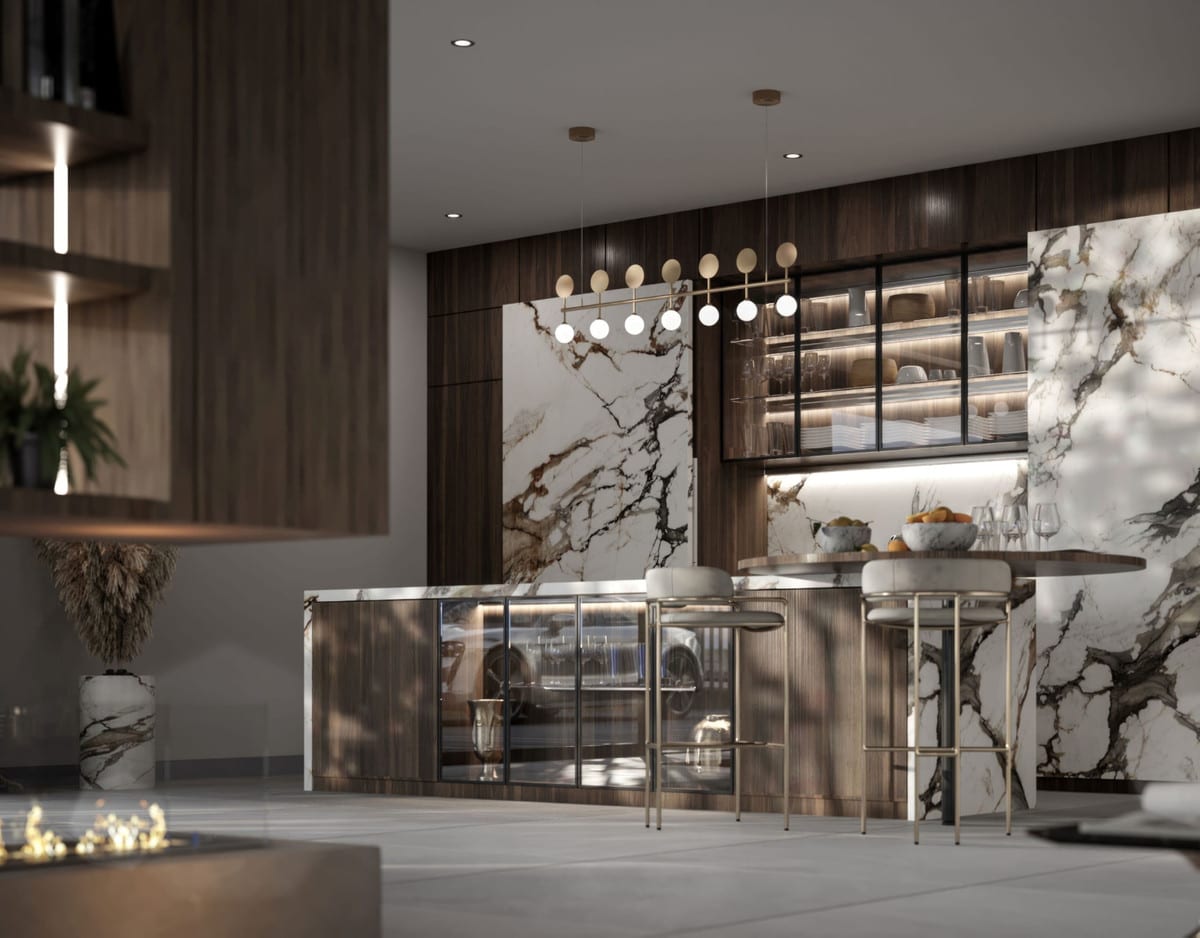 Kitchen visualisation of VILLA LIRIA with fitted cabinetry, worktop area and natural light.