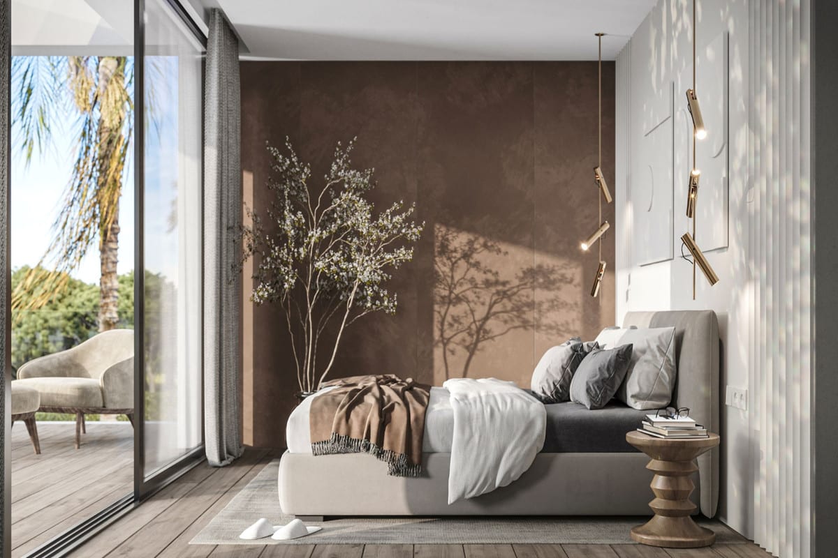 Bedroom visualisation of VILLA LIRIA with calm finishes and a residential atmosphere.
