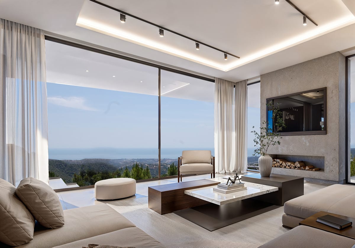 VILLA LYRA: Living area with sofas and large windows.