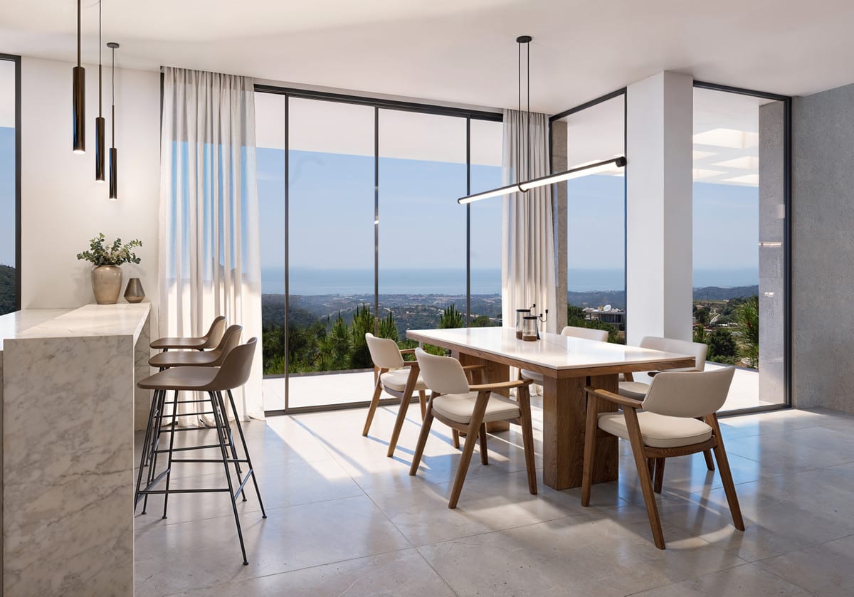 VILLA LYRA: Dining area with a dining table and large windows.