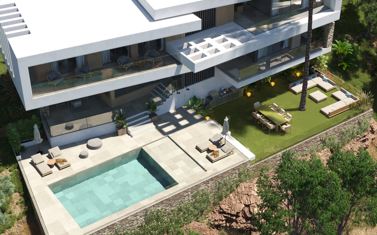 Aerial visualisation of VILLA LYRA REAL showing the buildings, terraces and surrounding residential setting.