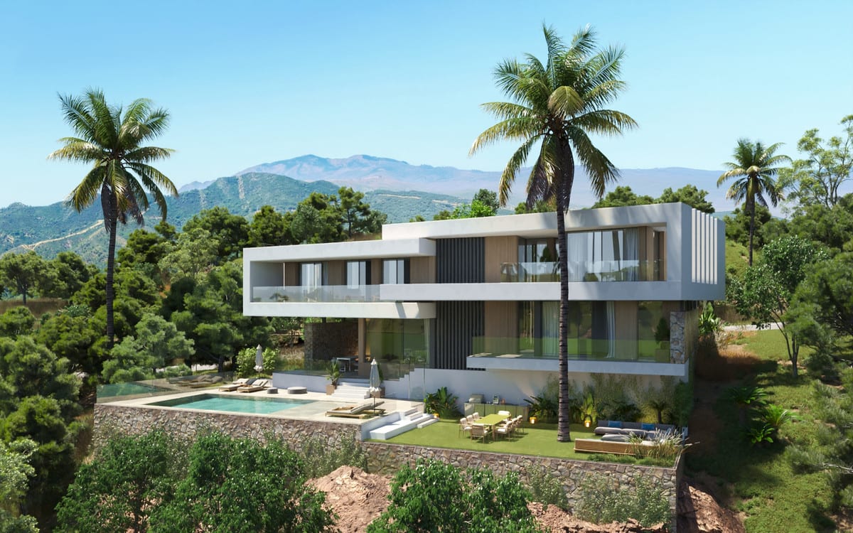 Exterior visualisation of VILLA LYRA REAL with a pool, terraces, palms and mountains in the background.