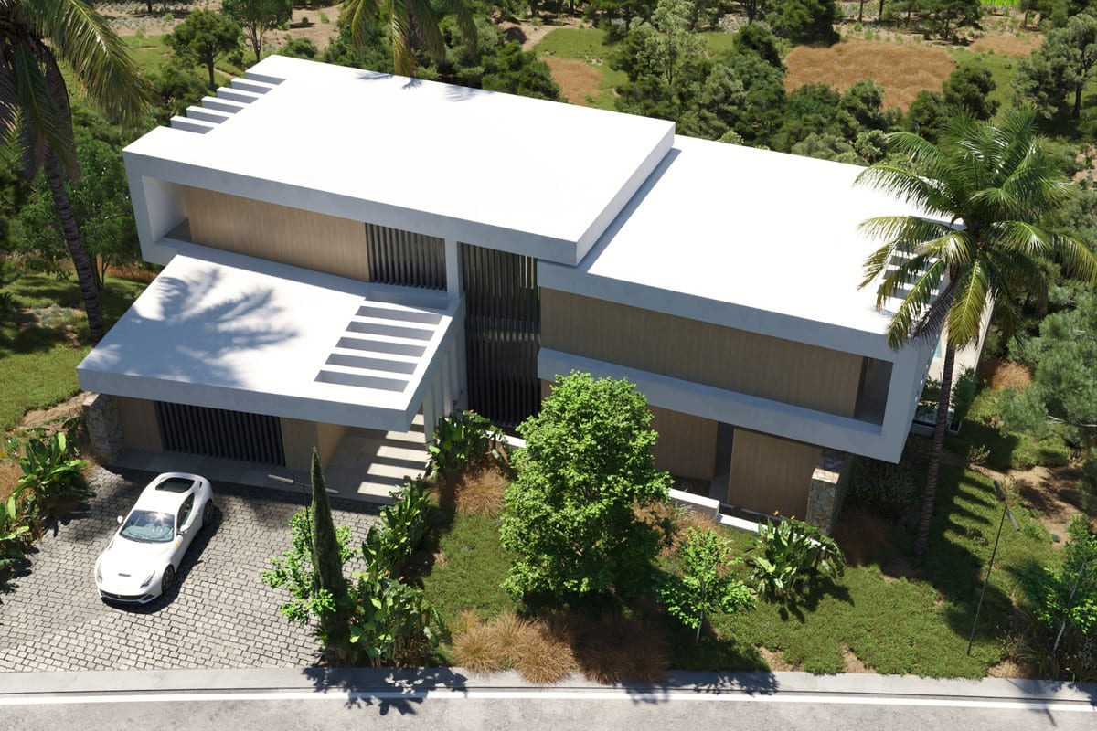 Elevated visualisation of VILLA LYRA REAL showing the flat roofs, entrance side and surrounding greenery.