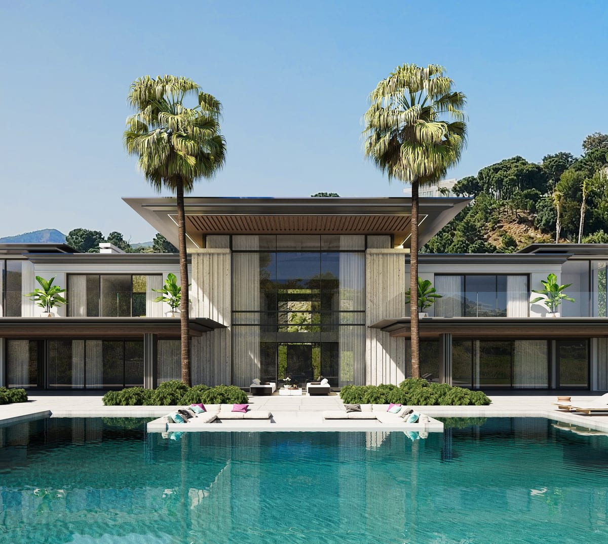 Poolside facade visualisation of VILLA MAXIMUS with terrace seating, two palm trees and a wooded hillside in the background.