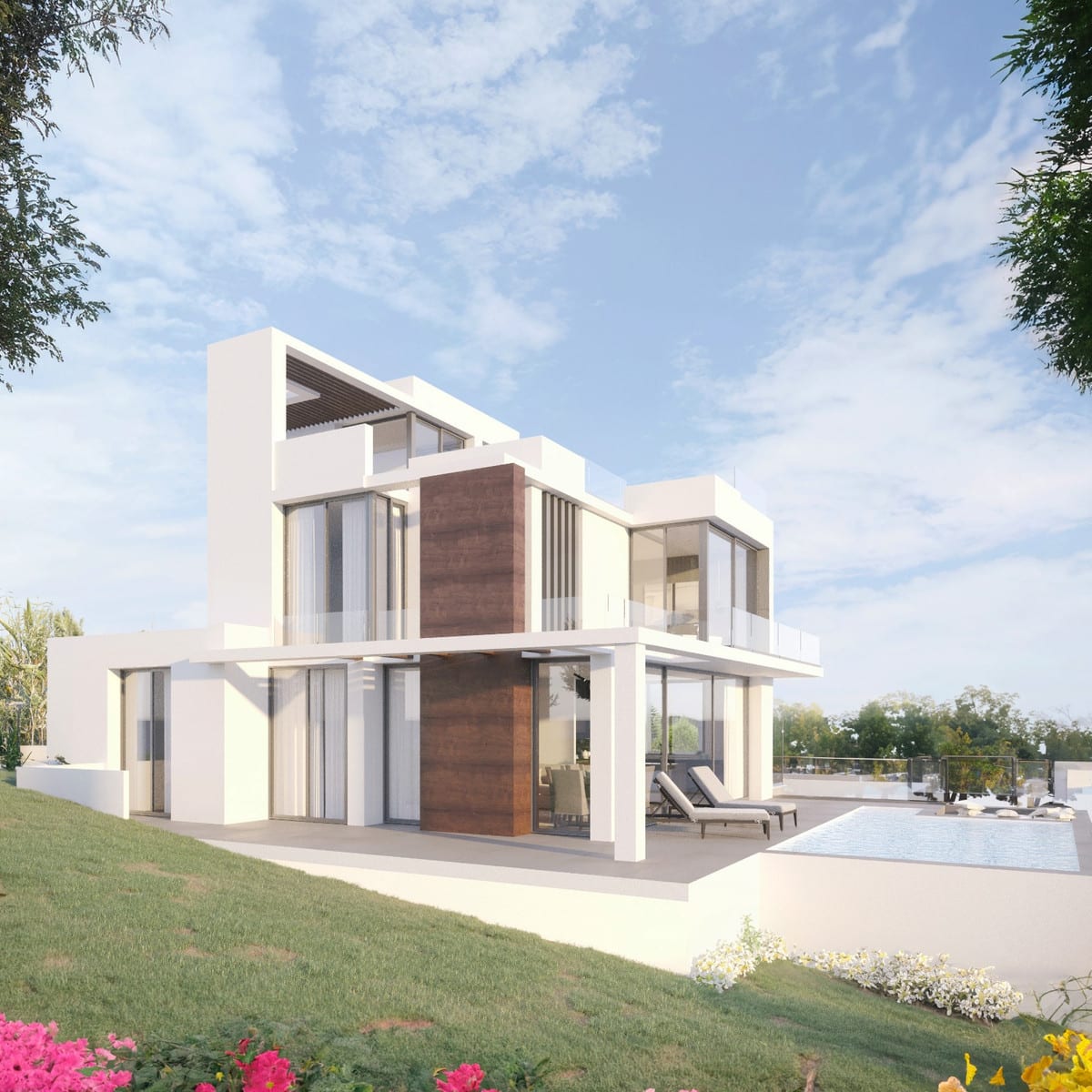 Project visualisation — VILLA MOLINO: Garden view of the villa with white façades and timber cladding.