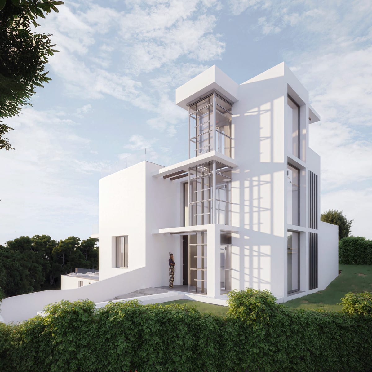 Project visualisation — VILLA MOLINO: Tall glazed corner of the villa above the garden.