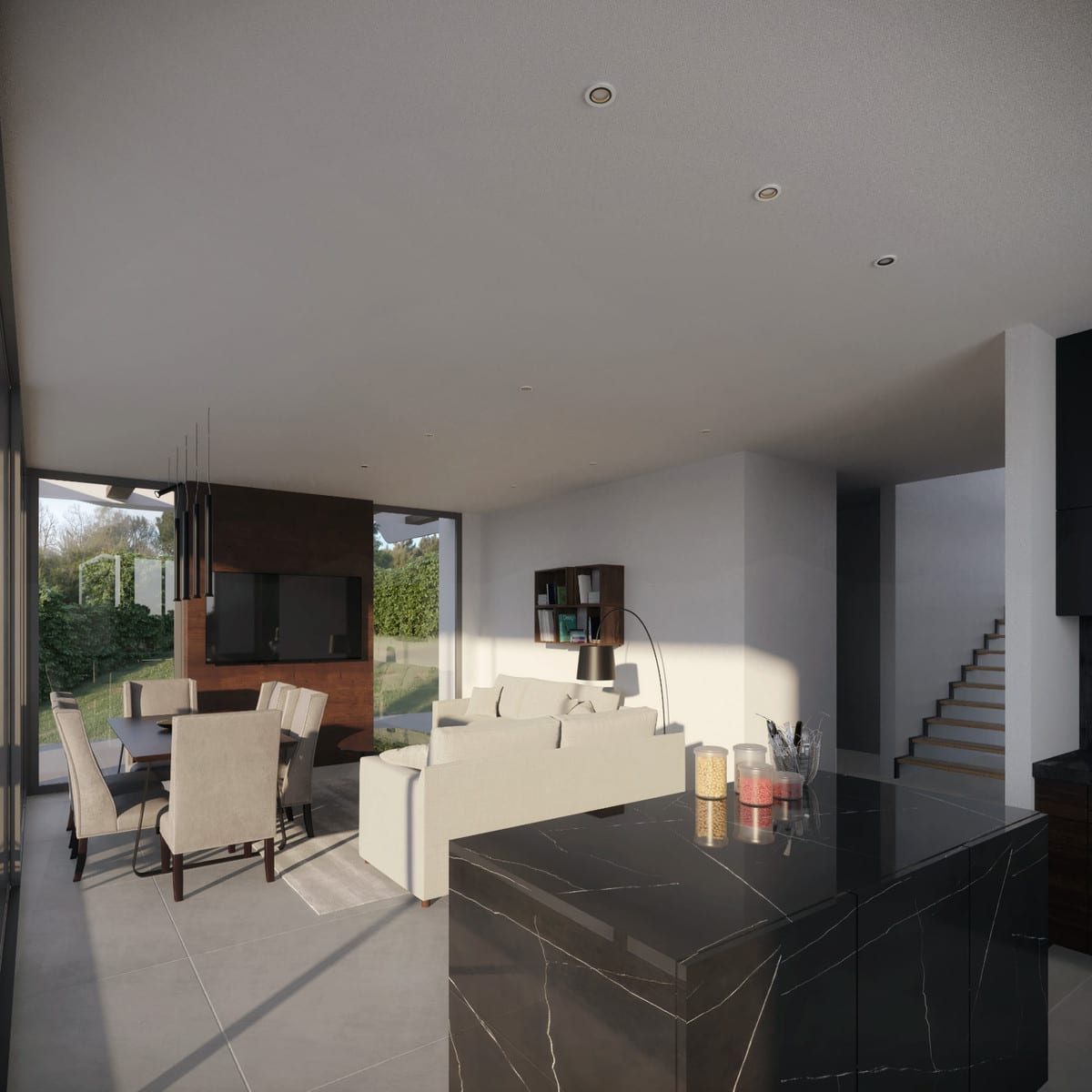 Project visualisation — VILLA MOLINO: Open kitchen and dining space beside the staircase.