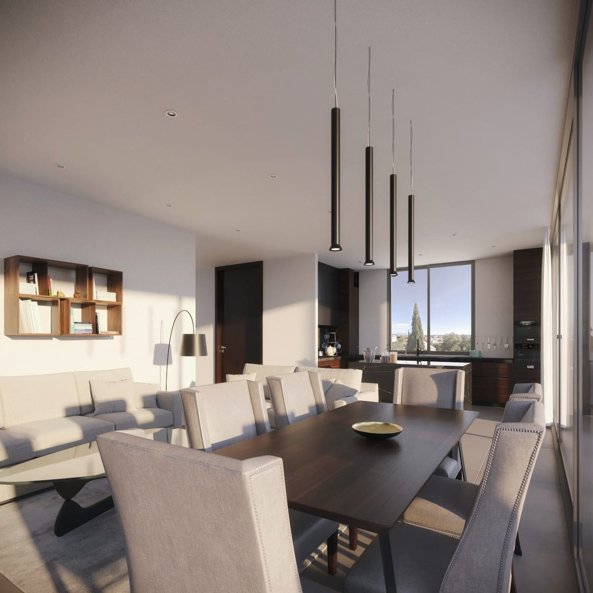 Project visualisation — VILLA MOLINO: Dining room with a dark table and pendant lights.
