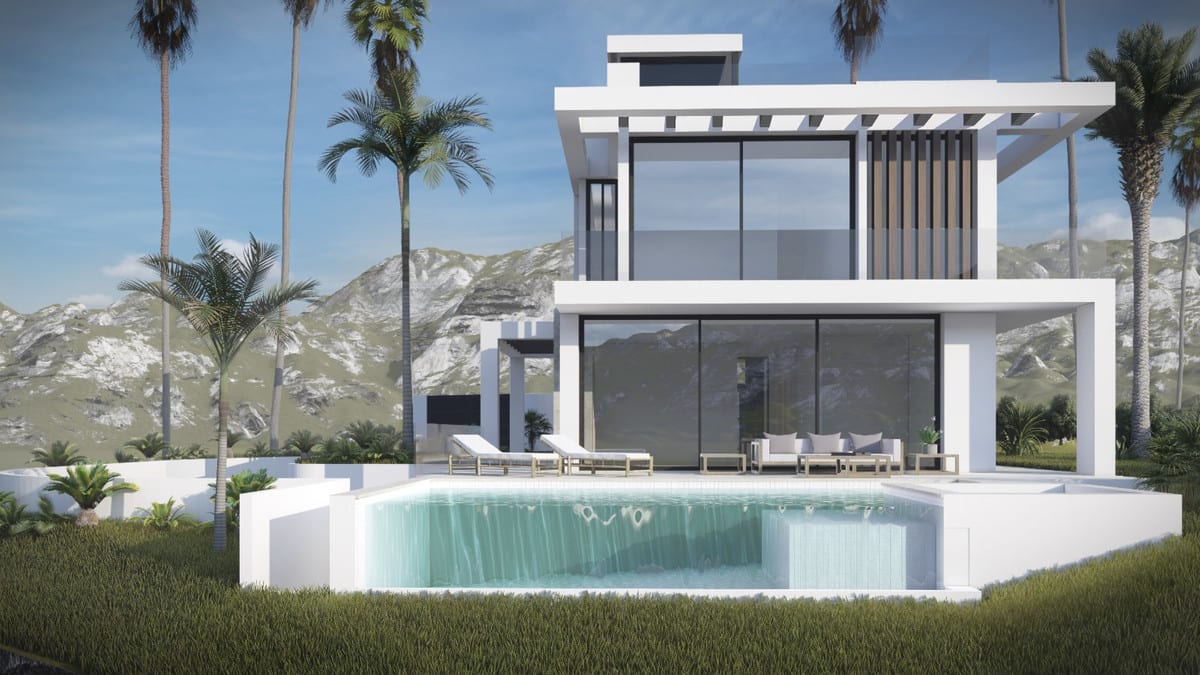 Rendering of the villa façade with a terrace and pool.