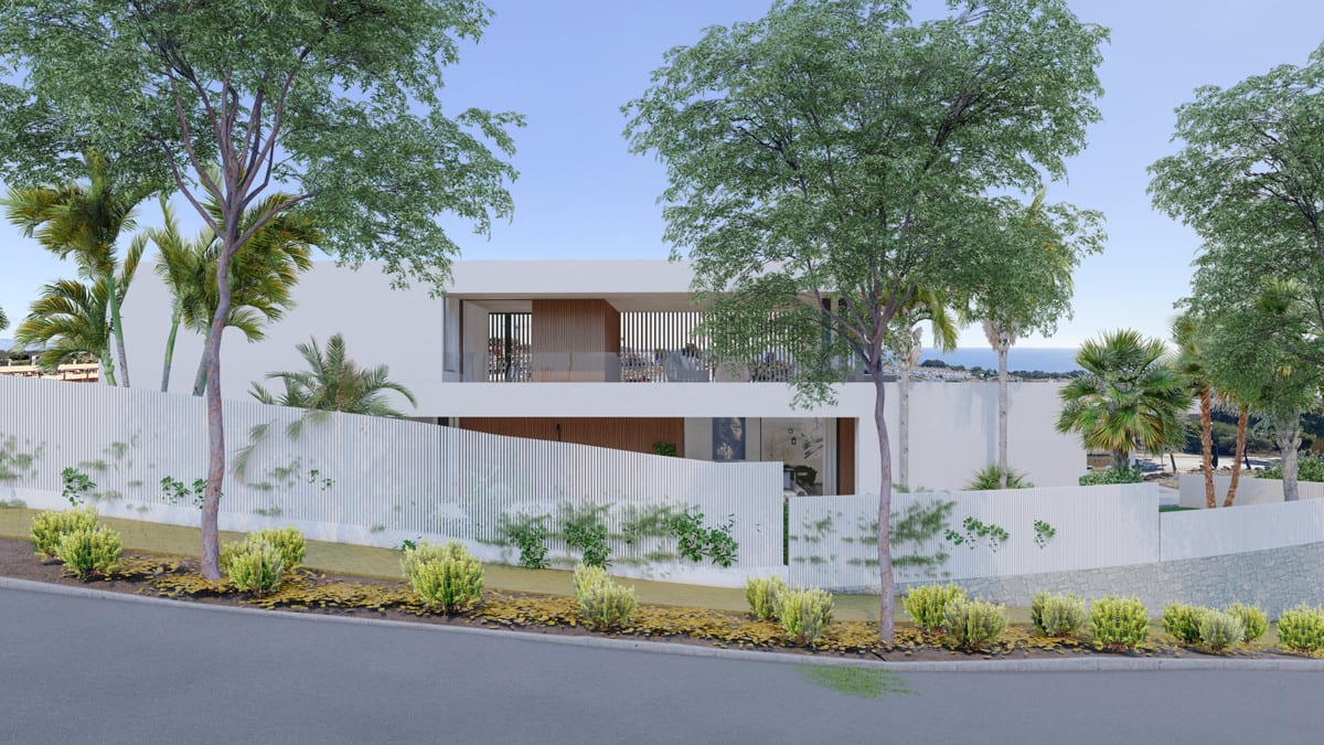 Street-level visualisation of the villa behind a white boundary wall and trees.