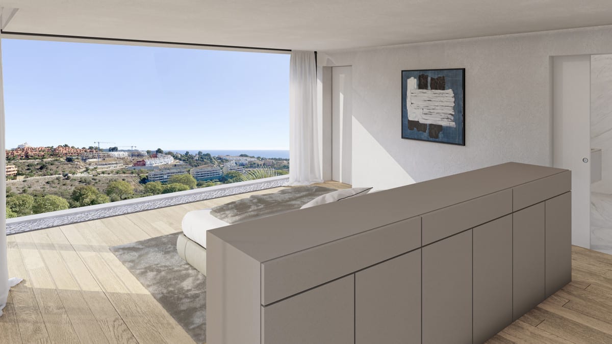 Interior visualisation with a low cabinet and a large window overlooking the surrounding landscape.