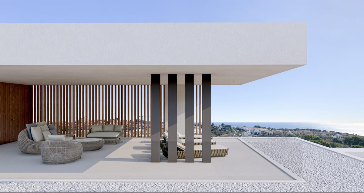 Visualisation of a covered terrace with lounge seating, vertical screens and a coastal view.