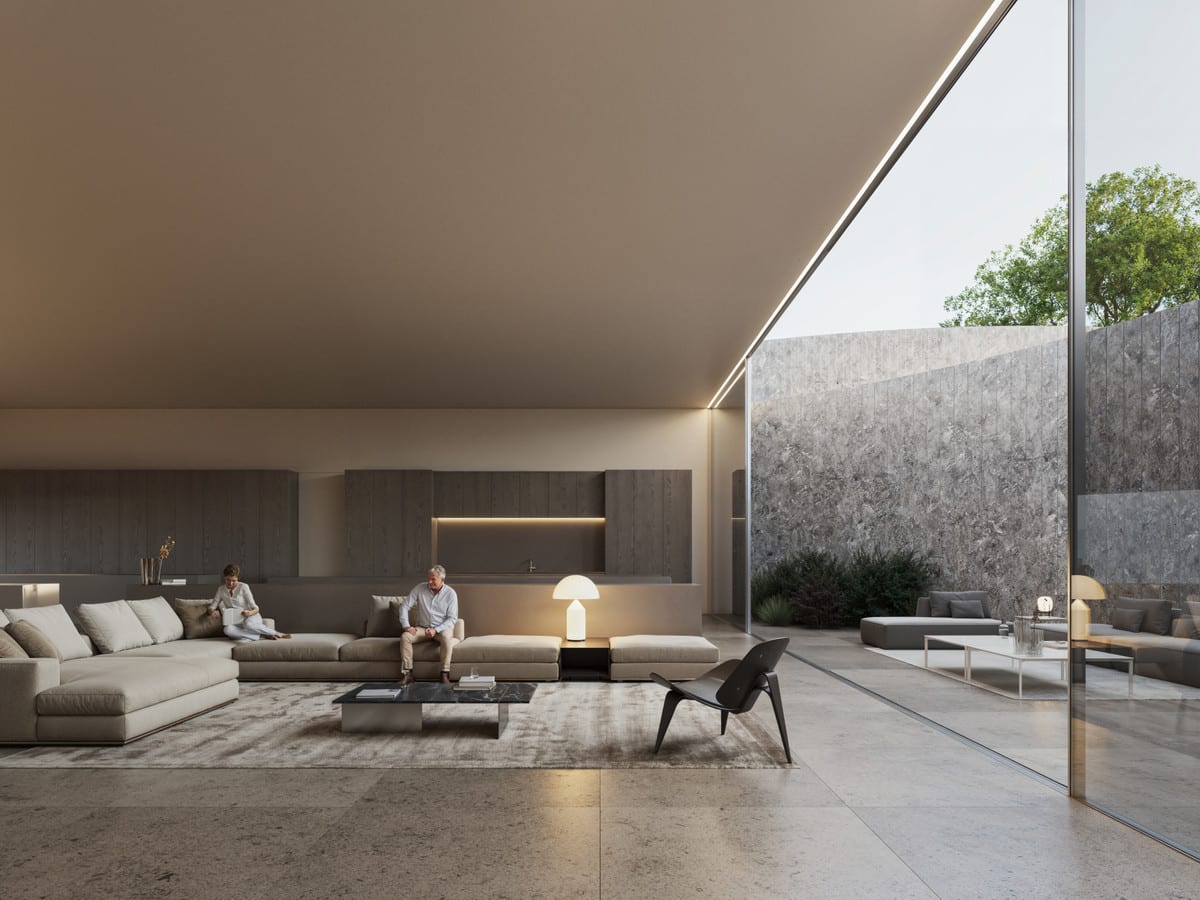 Interior visualisation of VILLA NOON with the main living area and contemporary finishes.