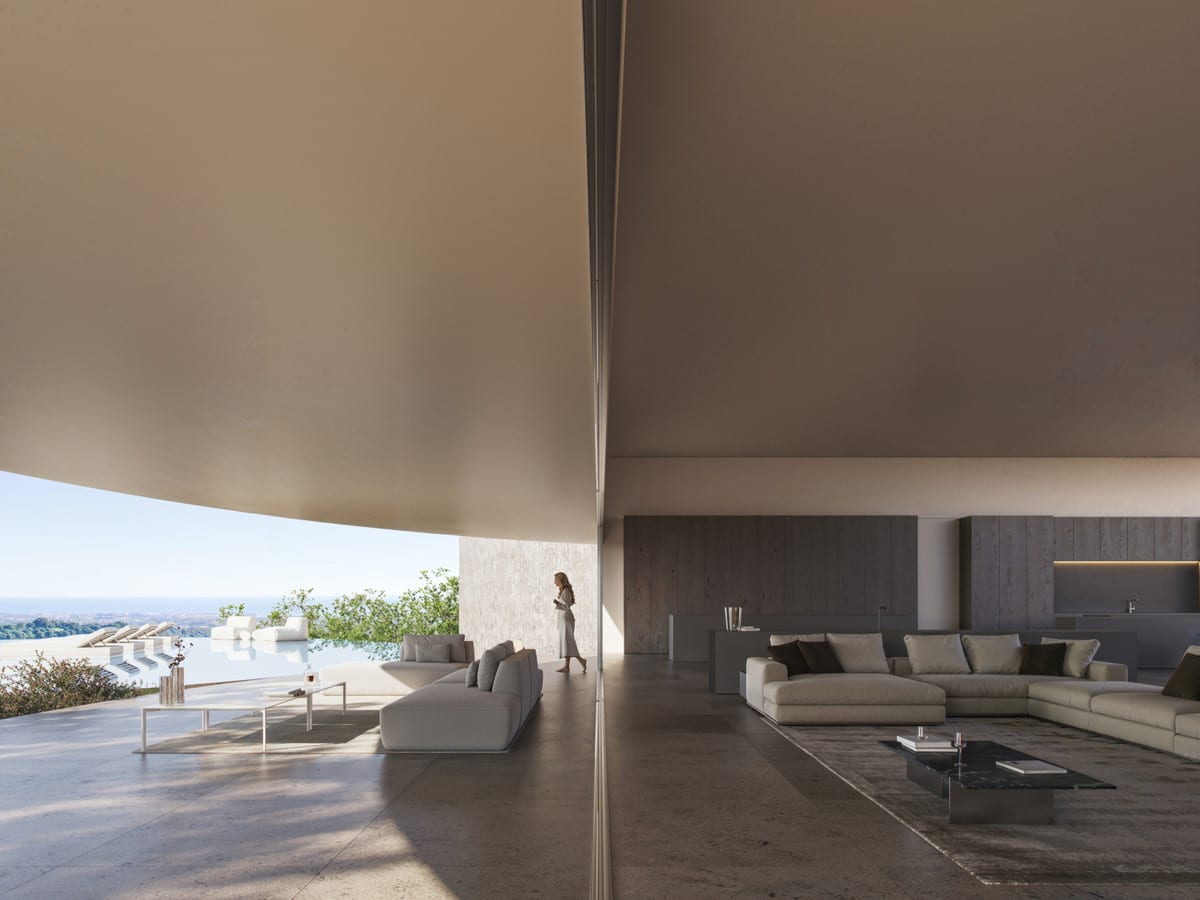 Visualisation of VILLA NOON’s living room opening onto an outdoor lounge and pool terrace.