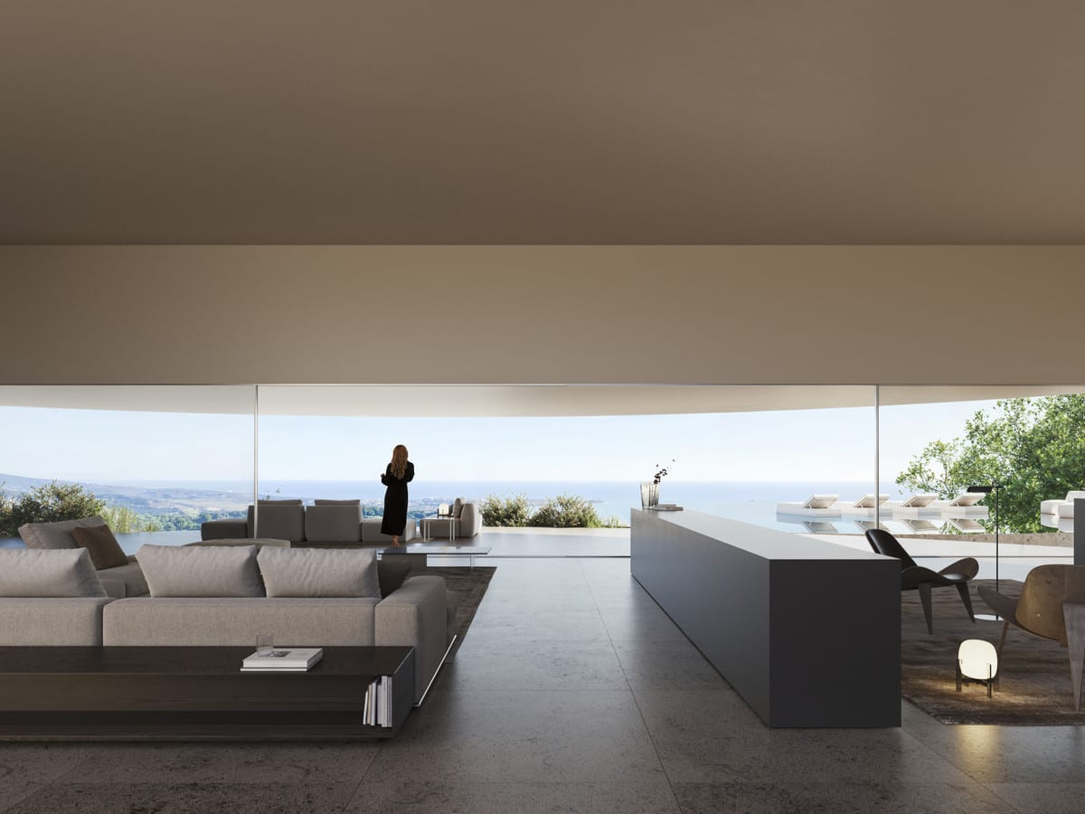 Visualisation of VILLA NOON’s living area with a dark kitchen island, broad glazing and the pool terrace beyond.