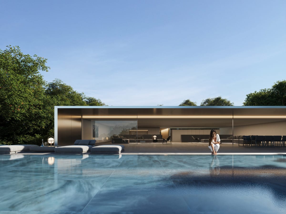 Pool-level visualisation of VILLA OAK looking towards the glazed facade and the furnished living and dining areas.