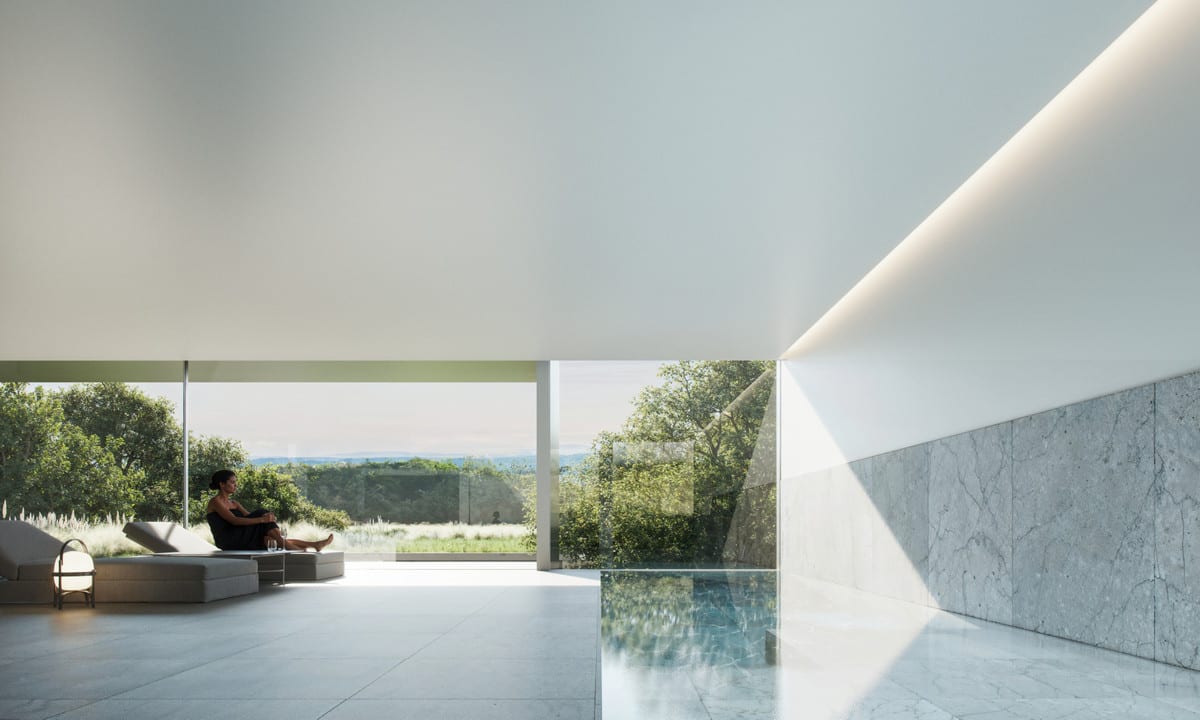 Indoor-pool visualisation of VILLA OAK with a veined stone-effect wall, loungers and daylight entering through broad glazing.