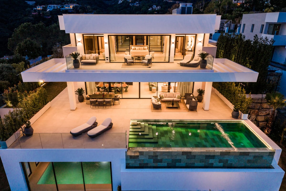 Aerial visualisation of VILLA OMEGA showing the buildings, terraces and surrounding residential setting.