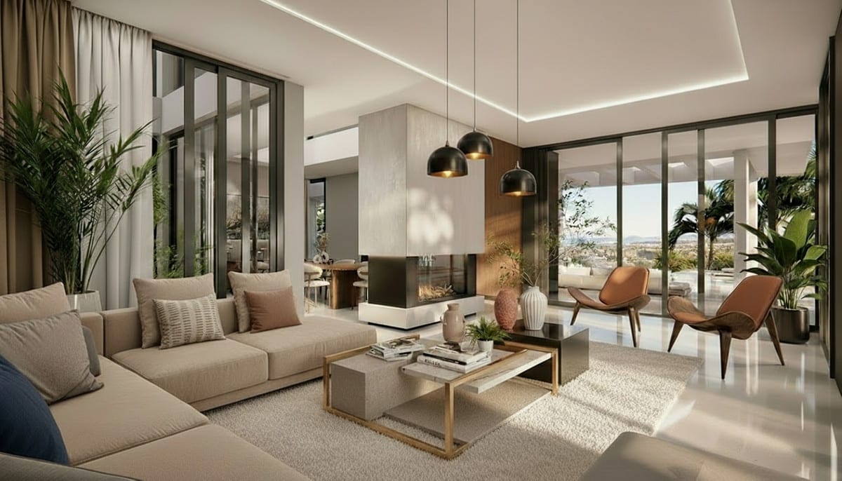 Project visualisation — VILLA ORIA: Living room with a central fireplace, pale seating and tall windows.