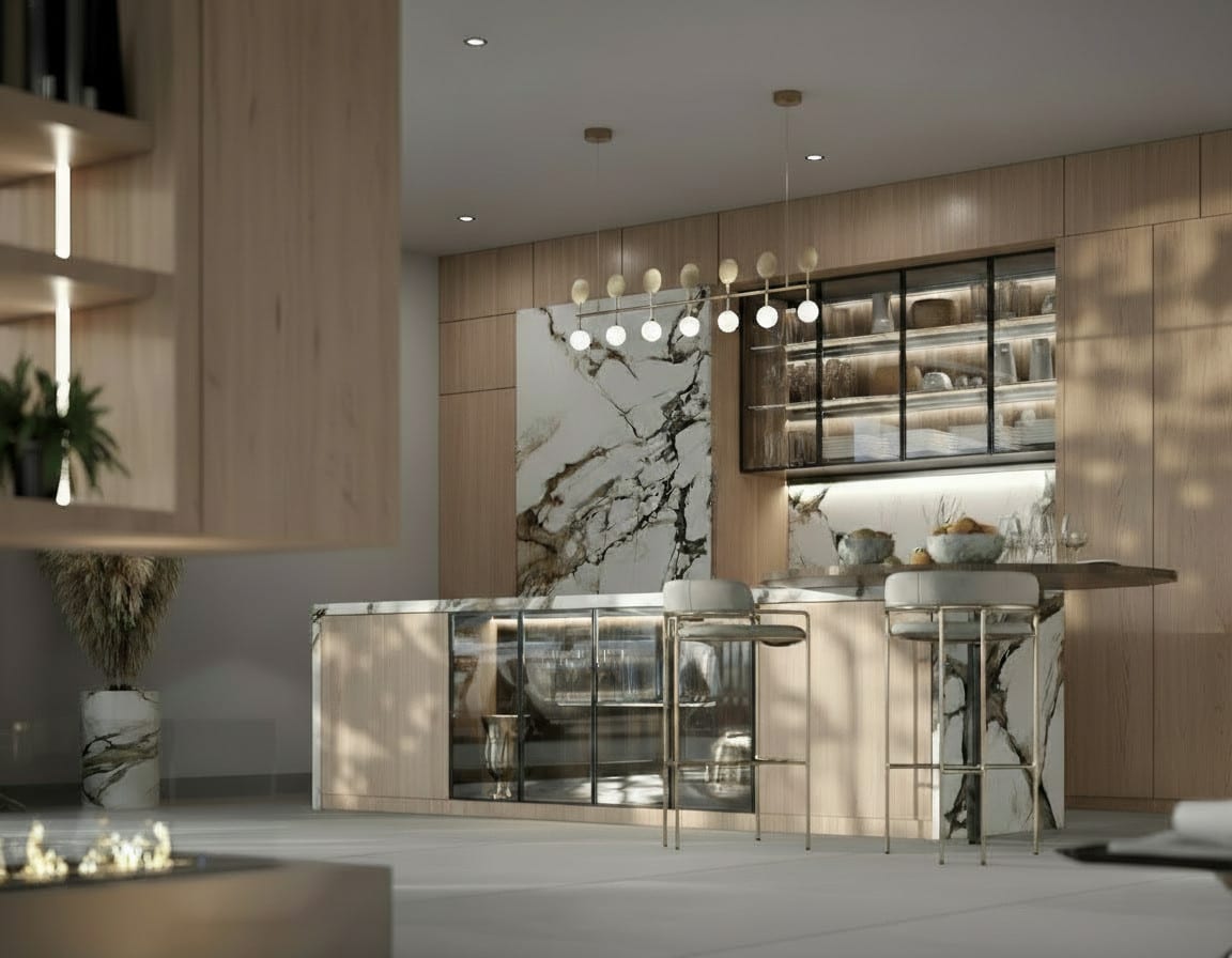 Project visualisation — VILLA ORIA: Kitchen with a central island, bar stools, wood cabinets and marble-effect panels.
