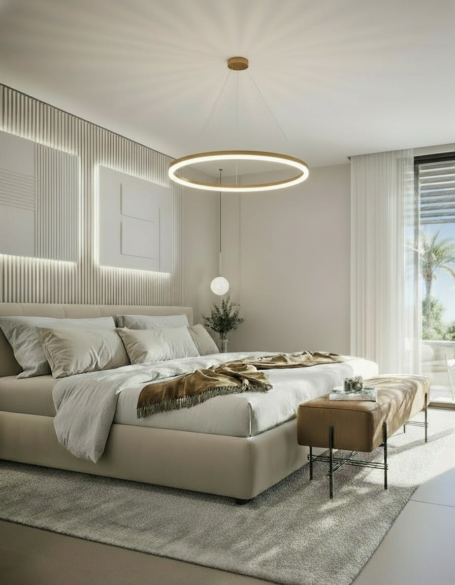 Project visualisation — VILLA ORIA: Bedroom with a padded bed, indirect lighting and a large circular pendant light.