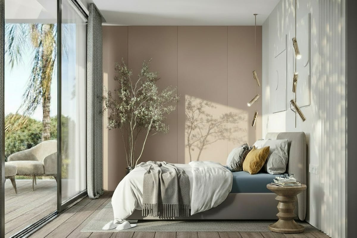 Bedroom visualisation of VILLA ORIA with calm finishes and a residential atmosphere.