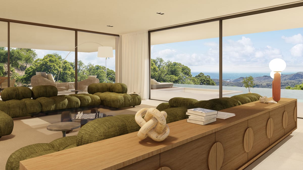Living-room visualisation with green seating, a wooden sideboard and large glass doors to the terrace.