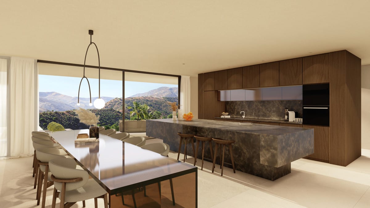 Kitchen and dining-area visualisation with a large island, bar stools and views of the hills.