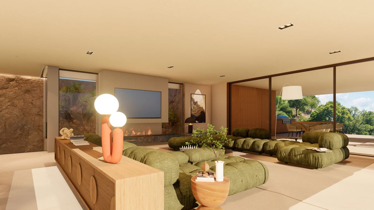 Seating-area visualisation with green modular sofas, a linear fireplace and sliding glass doors.