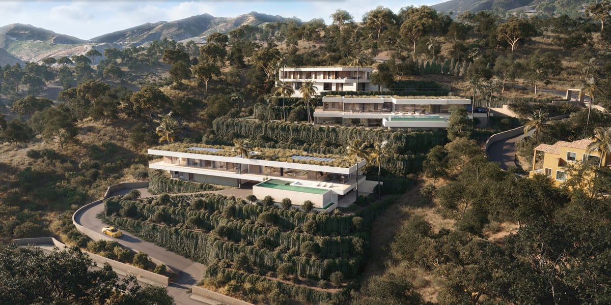 Aerial visualisation of contemporary buildings, pools and planted terraces in the hilly landscape.