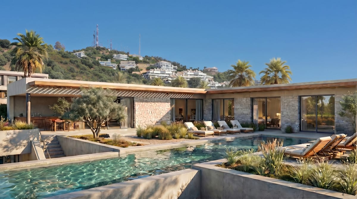 Exterior visualisation of VILLA SARA with a pool, sun loungers, a timber roof structure and an olive tree.
