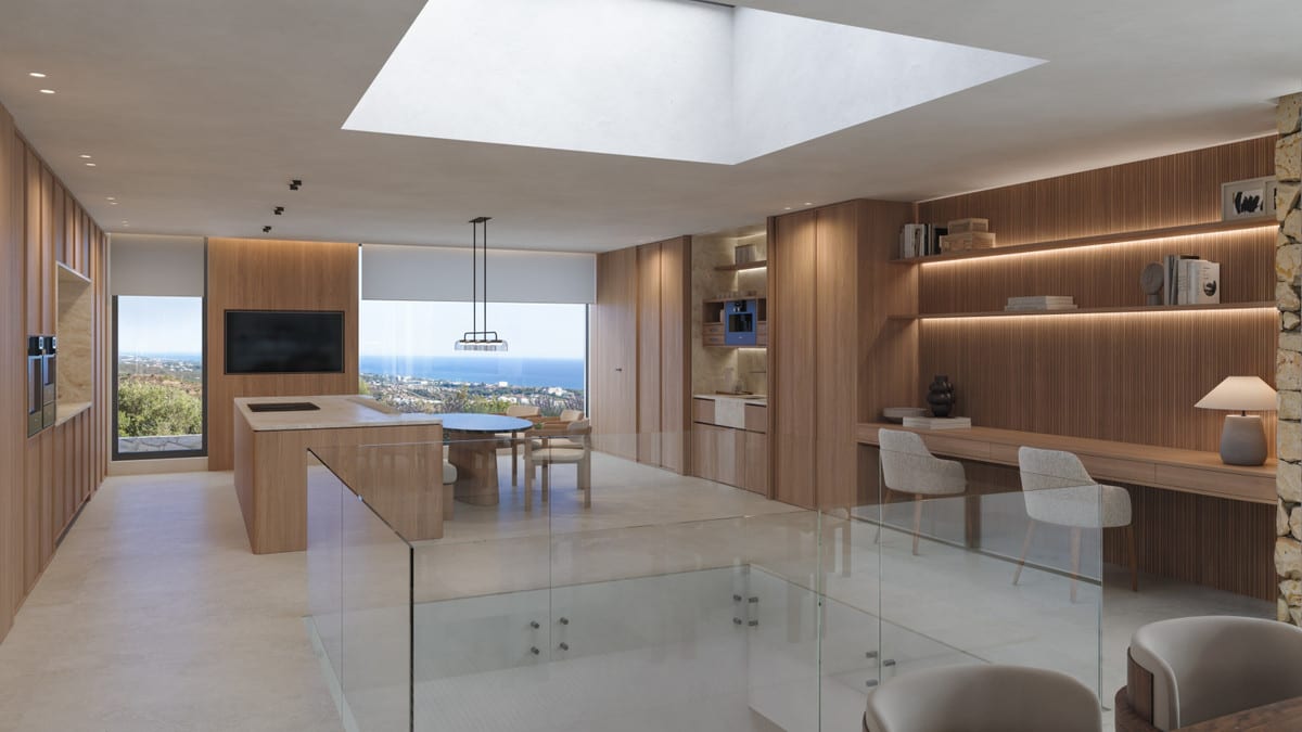 Kitchen visualisation of VILLA SARA with fitted cabinetry, worktop area and natural light.