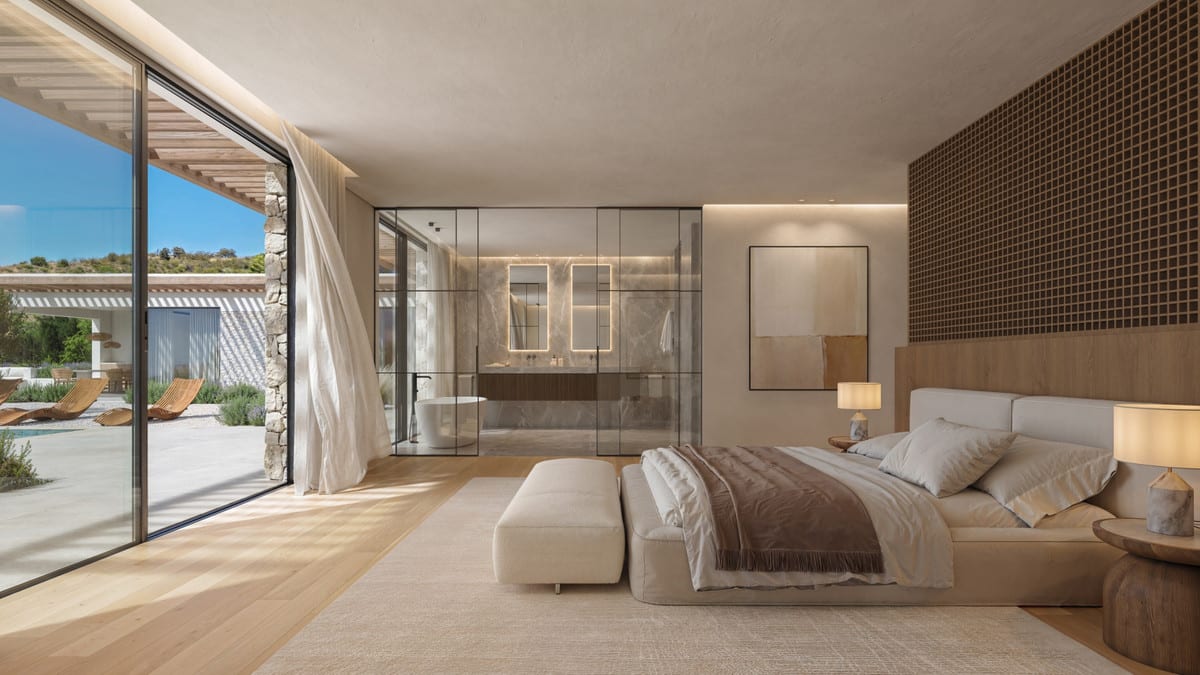 Bedroom visualisation of VILLA SARA with calm finishes and a residential atmosphere.