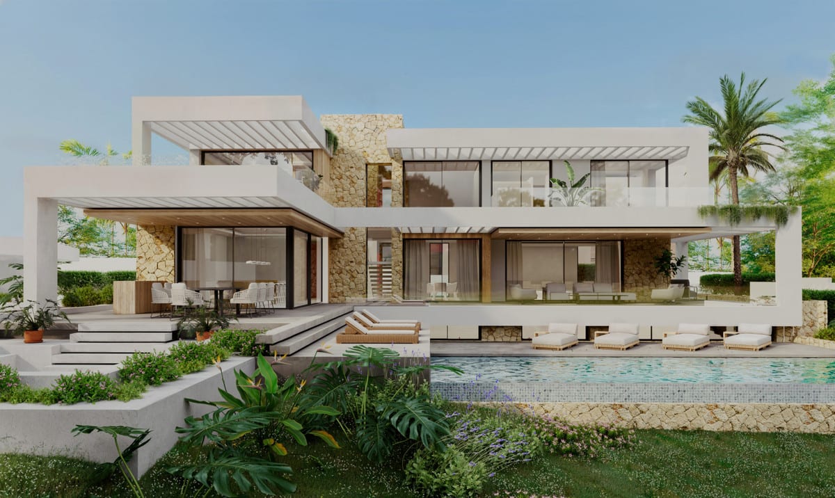 Exterior visualisation of the villa with terraces, a swimming pool and planting.