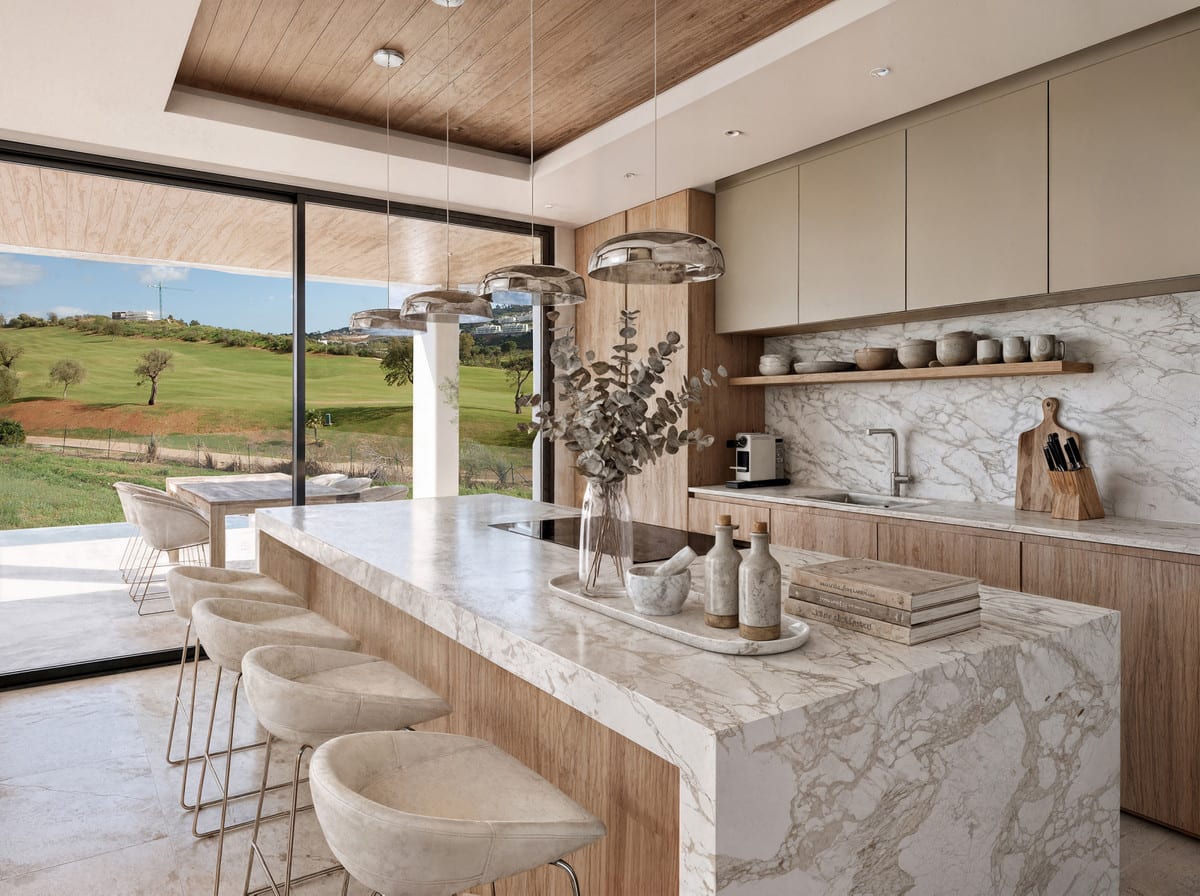 Kitchen visualisation of VILLA SELENE EUROPA GOLF with fitted cabinetry, worktop area and natural light.