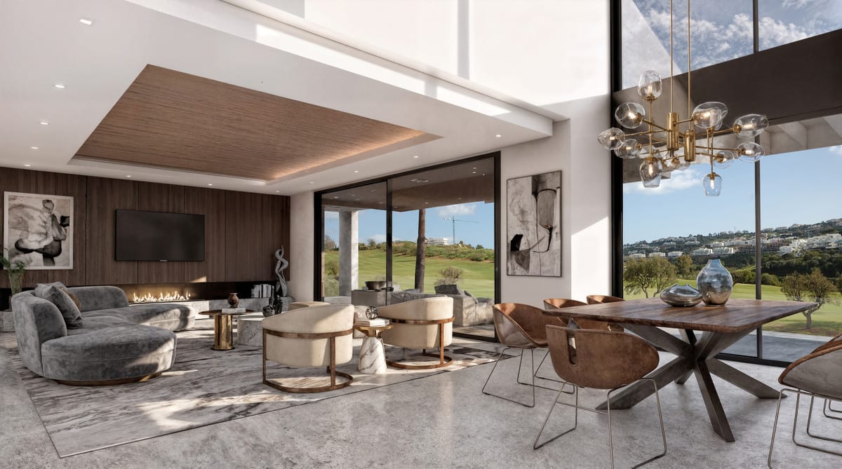 Visualisation of an open living and dining area with a fireplace, television and tall windows.