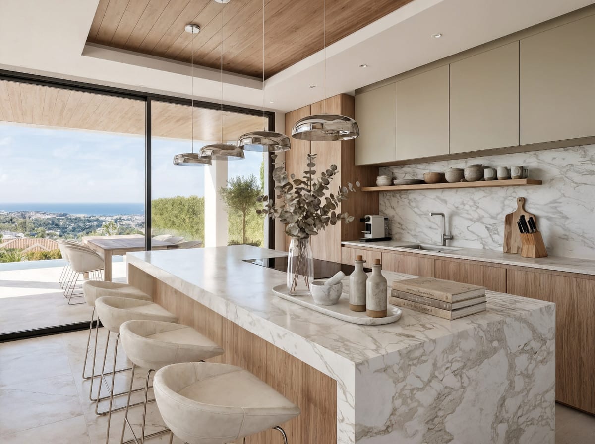 Kitchen visualisation at VILLA SELENE LUXE with a large stone island, bar stools and sliding glass doors.
