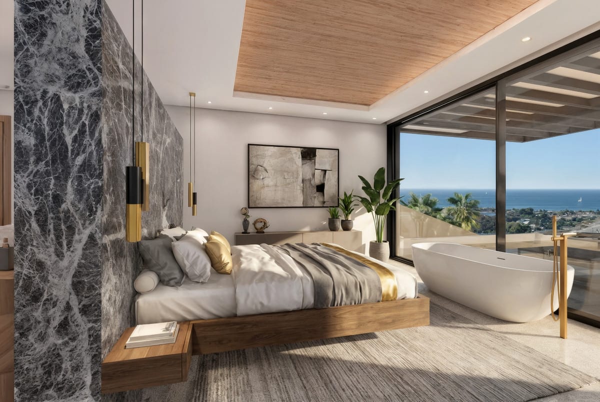 Bedroom visualisation at VILLA SELENE LUXE with a freestanding bath by the glass wall and a dark stone accent wall.