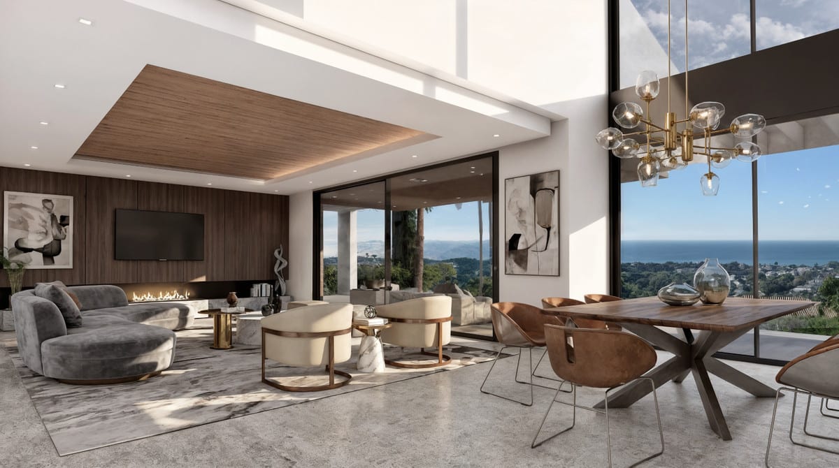Living and dining area at VILLA SELENE LUXE, visualised with a fireplace and full-height glazing.