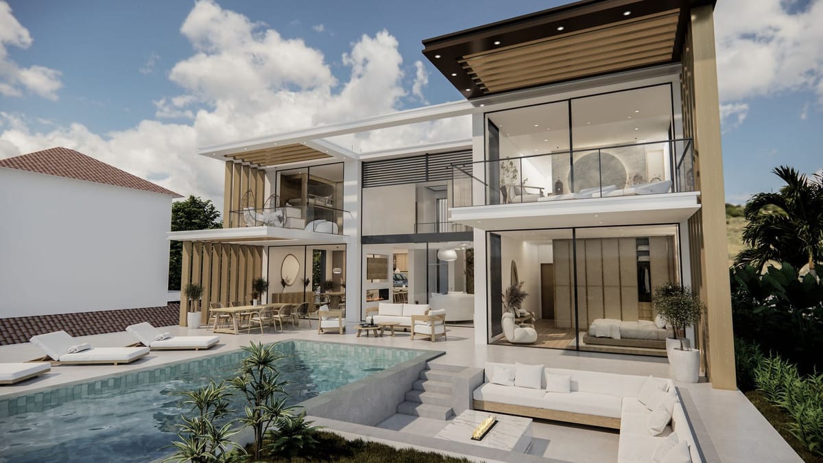 Project visualisation — VILLA SERENITY: Rear façade with a swimming pool, steps and a sunken outdoor lounge with a fire feature.