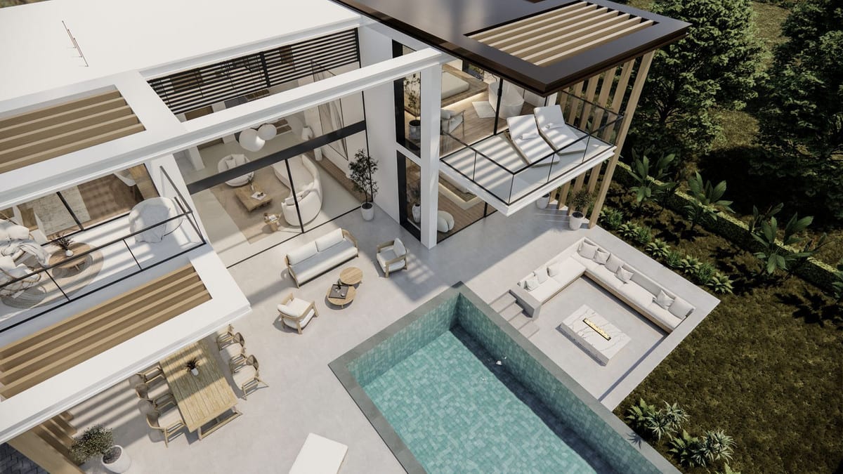 Project visualisation — VILLA SERENITY: Elevated view of the swimming pool, outdoor dining area, lounge and upper balconies.
