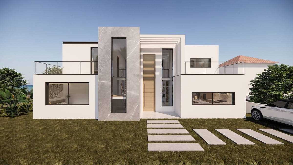 Project visualisation — VILLA SERENITY: White entrance façade with a tall doorway, stone-effect panel and stepping-stone path.