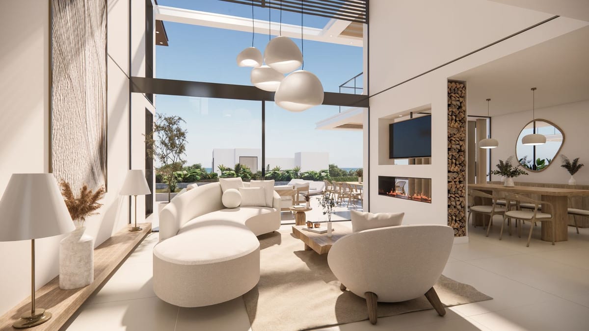 Project visualisation — VILLA SERENITY: Double-height living room with curved seating, a fireplace and an adjoining dining area.